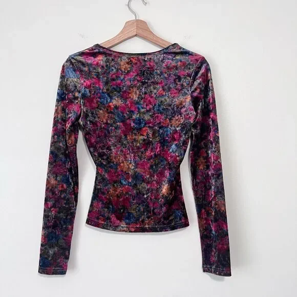 Natural Life Velvet Top Womens S Multicolor Floral Boho Whimsigoth Square Neck - Picture 5 of 6